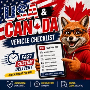 Può includere: Un'illustrazione digitale che promuove una lista di controllo dei veicoli per Stati Uniti e Canada. L'immagine presenta una volpe con occhiali e una felpa con cappuccio rossa, che tiene in mano un tablet con i dettagli della lista di controllo.