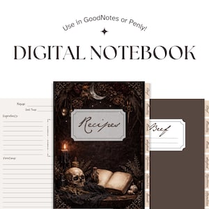 Puede incluir: Cuaderno digital con temática gótica. La portada presenta una calavera, un libro abierto y una vela. El texto "Recipes" se muestra en la portada. Incluye páginas de recetas y secciones con pestañas para diferentes tipos de alimentos.