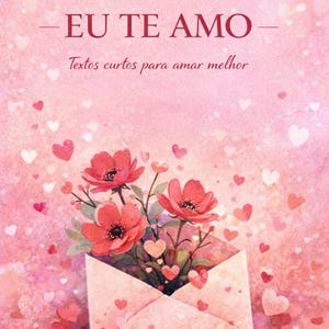 Puede incluir: Portada de libro con fondo rosa y el texto "DOZE FORMAS DE DIZER EU TE AMO" y "Textos curtos para amar melhor". Ilustración de flores y corazones saliendo de un sobre.