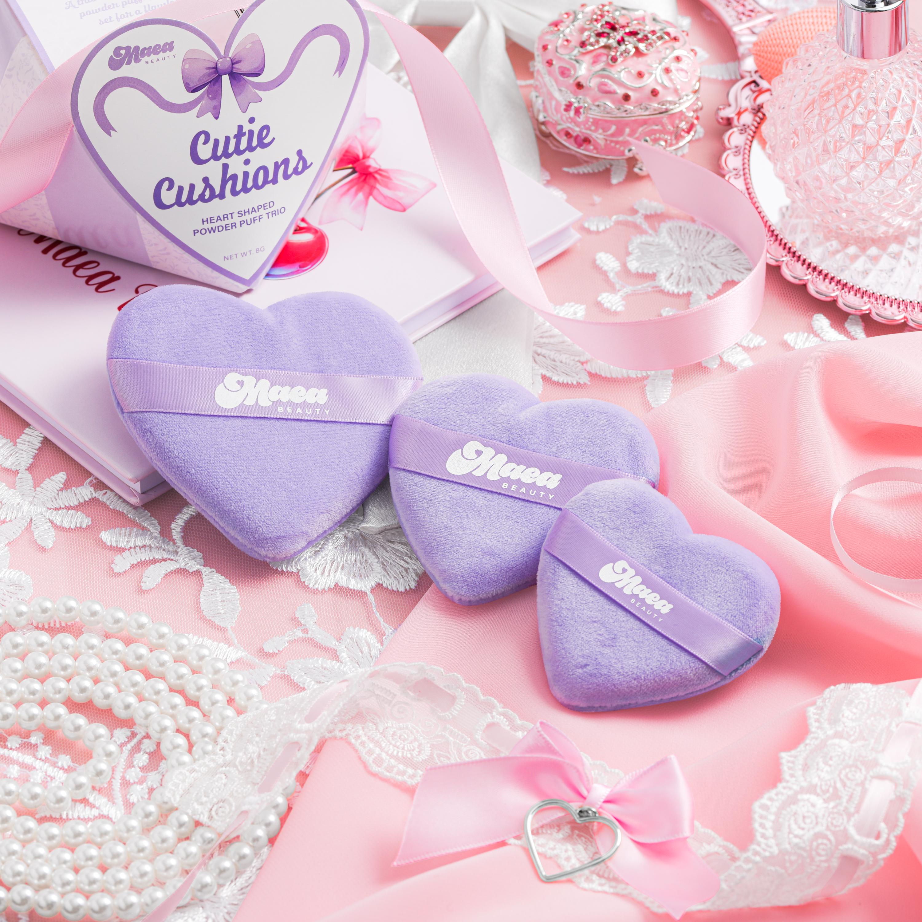 Heart Shaped Velvet Powder Puff Set Purple - Trio of 3 Sizes Vegan Makeup Tool Coquette Pastel Beauty Gift