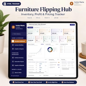 May include: A digital tablet displaying the Furniture Flipping Hub dashboard, featuring an executive overview with inventory, profit, and pricing trackers. The interface includes navigation menus for workflow, workshop, and sales, with data charts and tables showing financial metrics and project status.