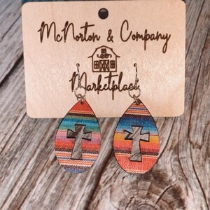 Laser cut serape wooden cross cutout earrings
