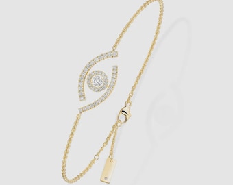 14K Gold Lab Grown Diamond Evil Eye Bracelet, Dainty Lucky Eye Protection Charm, Minimalist Floating Diamond Iris Bracelet, Gift for Her