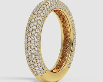 Lab Grown Diamond Dome Ring, Multi Row Pave Wedding Band, Full Eternity Wide Statement Ring for Women, 14K Gold Thick Pave Band, Bridal Set