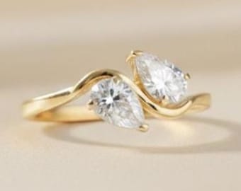 2 Ct Toi et Moi Pear Cut Lab Grown Diamond Bypass Engagement Ring, 14K Yellow Gold Two Stone