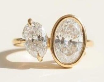 Lab Grown Diamond Toi et Moi Ring, Two Stone Bezel & Prong Set Oval Cut Engagement Ring, 14K Gold Unique Anniversary Gift