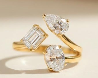 Lab Grown Diamond Three Stone Bypass Ring, Pear Emerald & Oval Cut Mixed Shape Engagement Ring, 14K Gold Multi Stone Gift