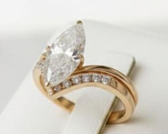 Marquise Lab Grown Diamond Engagement Ring, 14K Gold Chevron Wedding Band Set, Matching Anniversary Ring, Luxury Lewelry