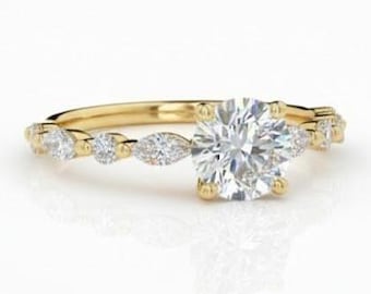 14K Yellow Gold Lab Grown Diamond Engagement Ring, Round Cut Solitaire with Marquise Side Stones, Bridal Ring for Women