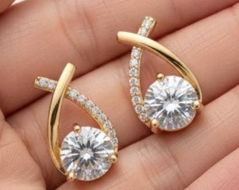 Lab Grown Diamond Earrings, Criss Cross Round Cut Studs, 14K Gold Minimalist Jewelry, Anniversary Gift for Her, Gold Statement Studs