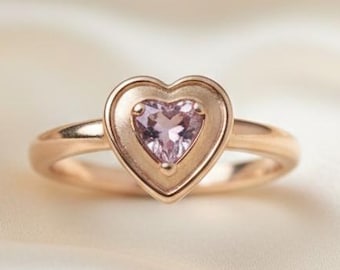 Pink Heart Lab Grown Diamond Ring, Minimalist Two Tone Gold Solitaire, Classic Fancy Blush Diamond Engagement Ring for Women, Gift for Her