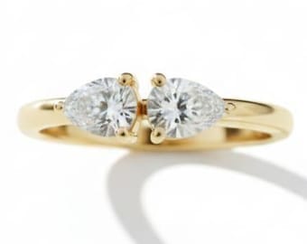 2 Ct Toi et Moi Pear Lab Grown Diamond Ring, 14K Yellow Gold Two Stone Engagement Ring, Unique Double Pear Promise Ring