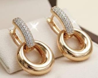 Lab Grown Diamond Interlocking Circle Drop Earrings, Pavé Diamond Huggie Hoops, 14K Gold Double Ring Dangle Earrings