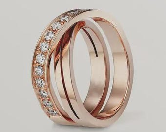 Anello intrecciato in oro rosa, fede nuziale con pavé di diamanti di laboratorio, anello a due fasce in stile Trinity, regalo di anniversario, gioielli fatti a mano