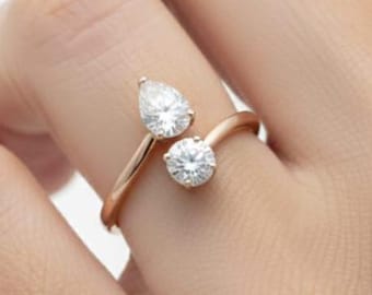 Toi et Moi Lab Grown Diamond Ring, Pear & Round Cut Two Stone Engagement Ring, 14k Gold Bypass Promise Ring, Gift for Her