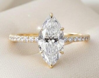 Marquise Lab Grown Diamond Engagement Ring, 2 Ct Marquise Cut, 14K Yellow Gold Pave Wedding Ring, Ethical Diamond Jewelry for Her