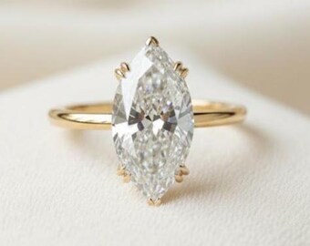 Lab Grown Diamond Engagement Ring in 14K Yellow Gold, 2 Ct Marquise Cut Solitaire Ring, Minimalist Unique Proposal Ring, Bridesmaid gift