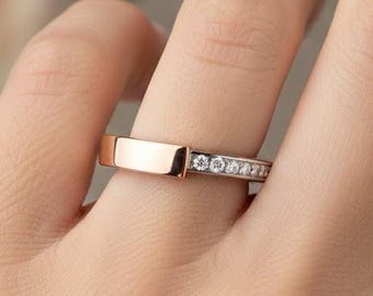 Anillo único de oro rosa y blanco de dos tonos con diamantes cultivados en laboratorio, moderno anillo de herradura, alianza contemporánea, regalo de aniversario.