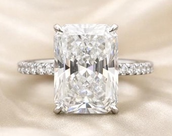 Radiant Cut Lab Grown Diamond Engagement Ring, 3 Ct Hidden Halo Pave Band, Anniversary Gift, 14K Gold Wedding Ring for Her