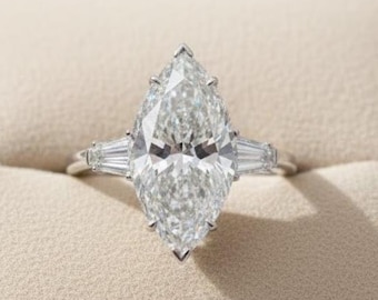 Marquise Lab Grown Diamond Engagement Ring, 3 Stone Tapered Baguette Cut, 14K White Gold Proposal Ring, Ethical Jewelry, Anniversary Gift