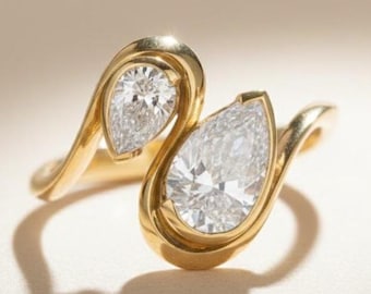 Pear Lab Grown Diamond Bypass Ring, 14K Gold Toi Et Moi Bezel Set Engagement Ring, Unique Two Stone Anniversary Gift