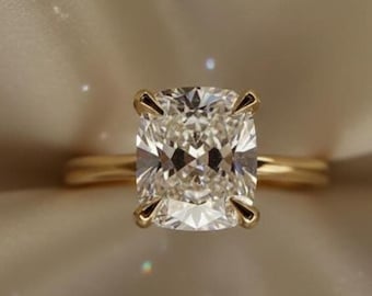 2 Ct Cushion Cut Lab Grown Diamond Engagement Ring, 14K Gold Hidden Halo, Elongated Cushion Solitaire, Ethical Diamond Bridal Jewelry