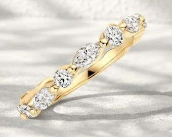 Lab Grown Diamond Ring, Alternating Marquise and Round Diamond Wedding Band, 14K Yellow Gold Full Eternity Band, Stackable Bridal Jewelry