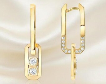 Gold Paperclip Link Drop Earrings, Lab Grown Diamond Two Stone Dangle Earrings, Geometric Jewelry for Her, Gift for Wife