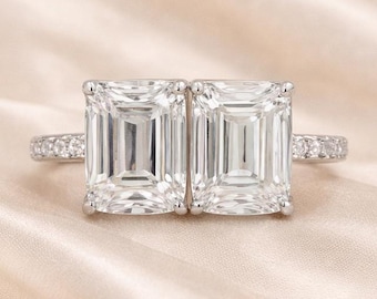 Double Emerald Cut Lab Grown Diamond Toi et Moi Ring, Two Stone Engagement Ring, 14k Gold Pavé Band, Wedding Anniversary Gift