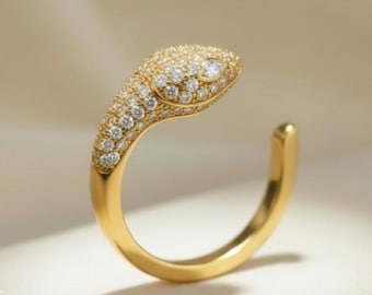 Lab Grown Diamond Snake Ring, 14K Gold Open Cuff Ring, Pave Diamond Animal Ring, Unique Wedding Jewelry for Women, Gift for Her