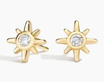 Lab Grown Diamond Compass Rose | 14K Gold Starburst Stud Earrings
