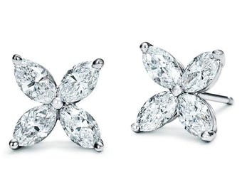 Aretes de diamantes marquesa, pendientes de racimo de flores en oro blanco de 14 quilates, delicadas joyas florales de diamantes para novias, regalos de aniversario para ella