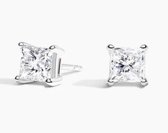 14K White Gold Lab Grown Diamond Princess Cut Stud Earrings, Square Solitaire, Push Back Earrings