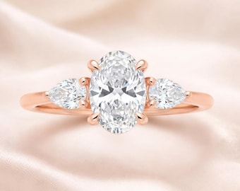 Oval Three Stone Engagement Ring, 14K Rose Gold Pear Cut Lab Grown Diamond Wedding Ring, Trilogy  Ring, Unique Anniversary Gift for Her