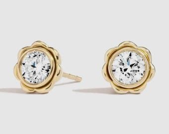 14K Gold Floral Lab Grown Diamond Stud Earrings | Dainty Flower Bezel