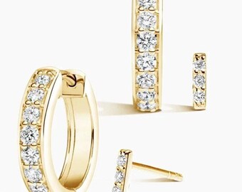 Örhängen i guld för vardagsbruk, Pave Huggie Hoop & Bar-örhängen, Guldhänge, Klassiska vardagssmycken - Present till henne