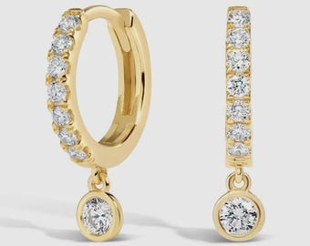 Lab Grown Diamond Huggie Hoop Earrings with Bezel Dangle Charm, Dainty Pave Diamond Drop Earrings, Classic Everyday Jewelry Gift for Her