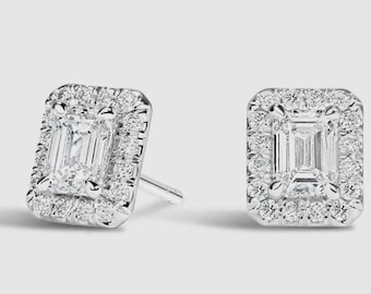 Emerald Cut Halo Stud Earrings, Lab Grown Diamond Rectangle Studs, Vintage Inspired Fine Jewelry Gift, 14K White Gold Halo Style Earrings