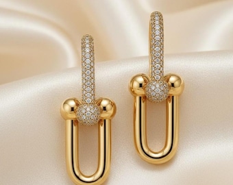 Lab Grown Diamond U-Link Earrings, 14k Gold Pave Gauge Link Dangle Earrings, Modern Hardware Inspired Jewelry, Tiffany Earrings