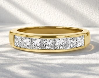 Princess Cut Lab Grown Diamond Wedding Band for Women & Men, 14k Gold Channel Set Anniversary Ring, Half Eternity Stackable Matching Band