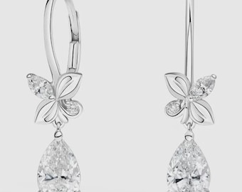 Örhängen i 14K guld med labbodlade diamanter, minimalistiska hängande diamanter, blommig leverback