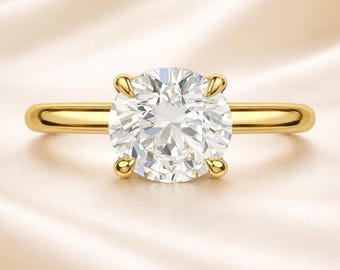 1.5 Ct Round Lab Grown Diamond Engagement Ring in 14k Solid Yellow Gold, Classic Round Cut Solitaire Ring for Women, Simple Wedding Ring
