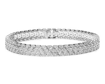 Bracciale a nido d'ape in oro bianco 14 carati con diamanti, bracciale a maglie geometriche larghe, bracciale esagonale Art Déco, bracciale a tre file, gioielli da sposa con pavé