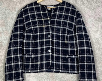 Vintage Pendleton Wolle Blazer Jacke Damen 22W Navy Blau Weiß Karo FLAWS