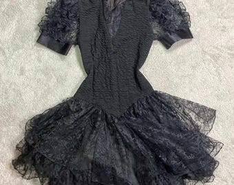 Vintage 80s Nuance Black Lace Mini Dress Puff Sleeve Ruffle Goth Dark Size 7