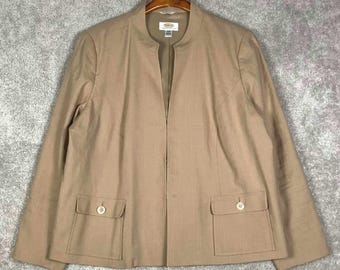 Vintage Talbots Woman Petites 14W Tan Linen Blend Clasp Blazer Jacket Tan Khaki