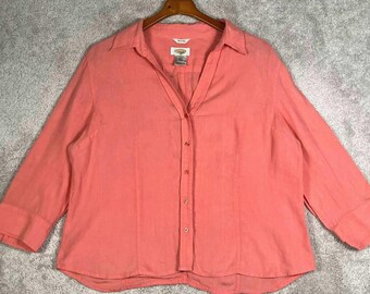 Talbots Irish Linen Shirt Womens XL Peach Coral Pink Button Up 3/4 Sleeve Top