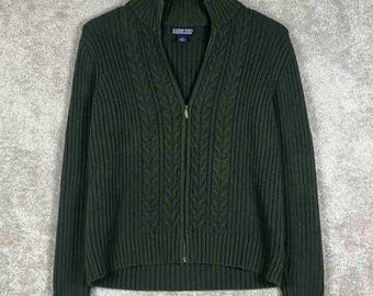 Jersey de punto trenzado de algodón con cremallera completa para mujer, marca vintage Lands' End, color verde, fabricado en Japón.