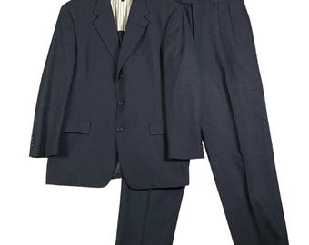 VTG Tommy Hilfiger Mens 2 Piece Suit Navy Blue 3 Button Blazer Pleated Pants 40R