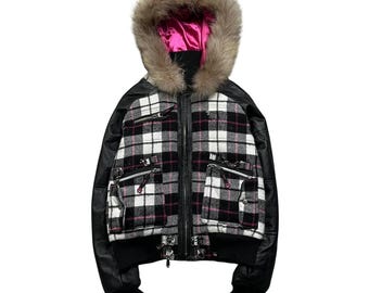 Y2K Plaid Hoodie Jacket Faux Fur Punk Grunge Goth Emo Pink Bomber Akademiks